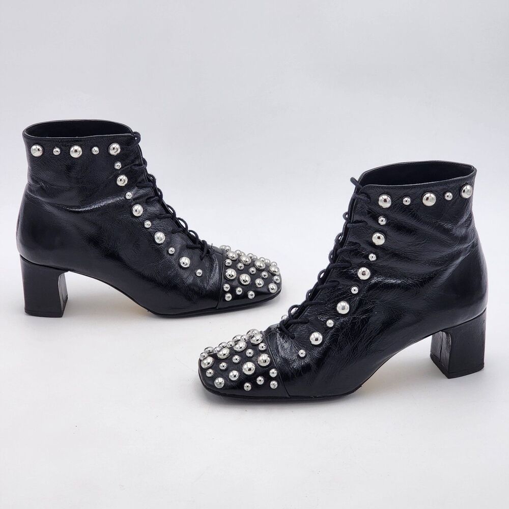 Zara Patent Studded Lace Up Heeled Ankle Boots Booties Black Silver Size 39 - Picture 3 of 13